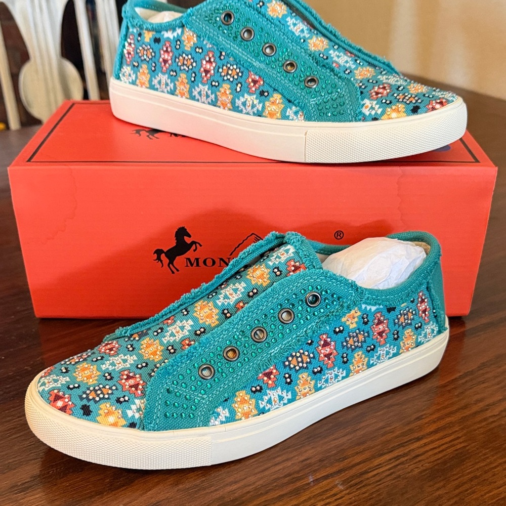 Nica Teal Rhinestone Floral Slip-On Sneakers with White Soles